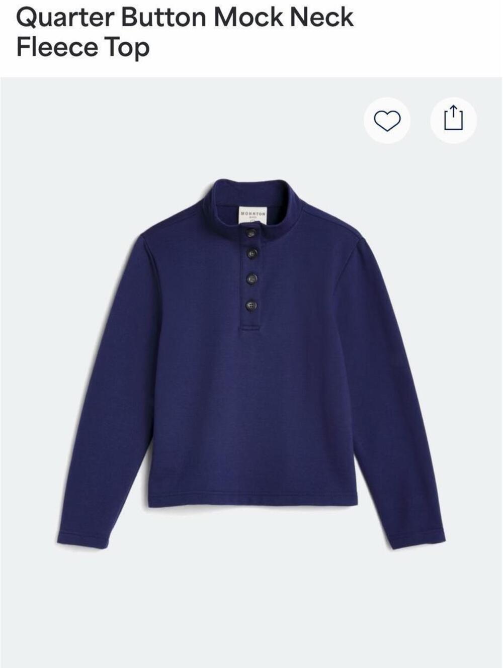 Navy blue quarter button mock neck fleece top.